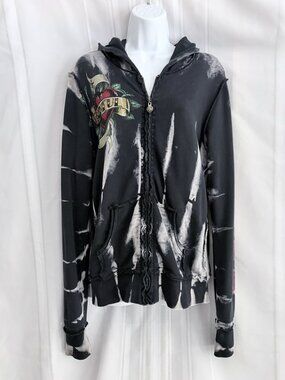 SINFUL by Affliction VTG Black Rose Tie Dye Crystal Y2K-era Zip-Up Hoodie L/XL